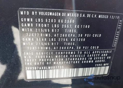 2020 Volkswagen Tiguan 2.0T Se/2.0T Se R-Line Black/2.0T Sel from USA, damaged, VIN 3VV3B7AX8LM081733